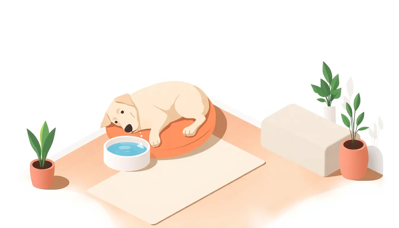 쿠션 위에 옆으로 누운 강아지와 물그릇, 매트가 놓인 조용한 실내를 그린 차분한 톤의 인포그래픽