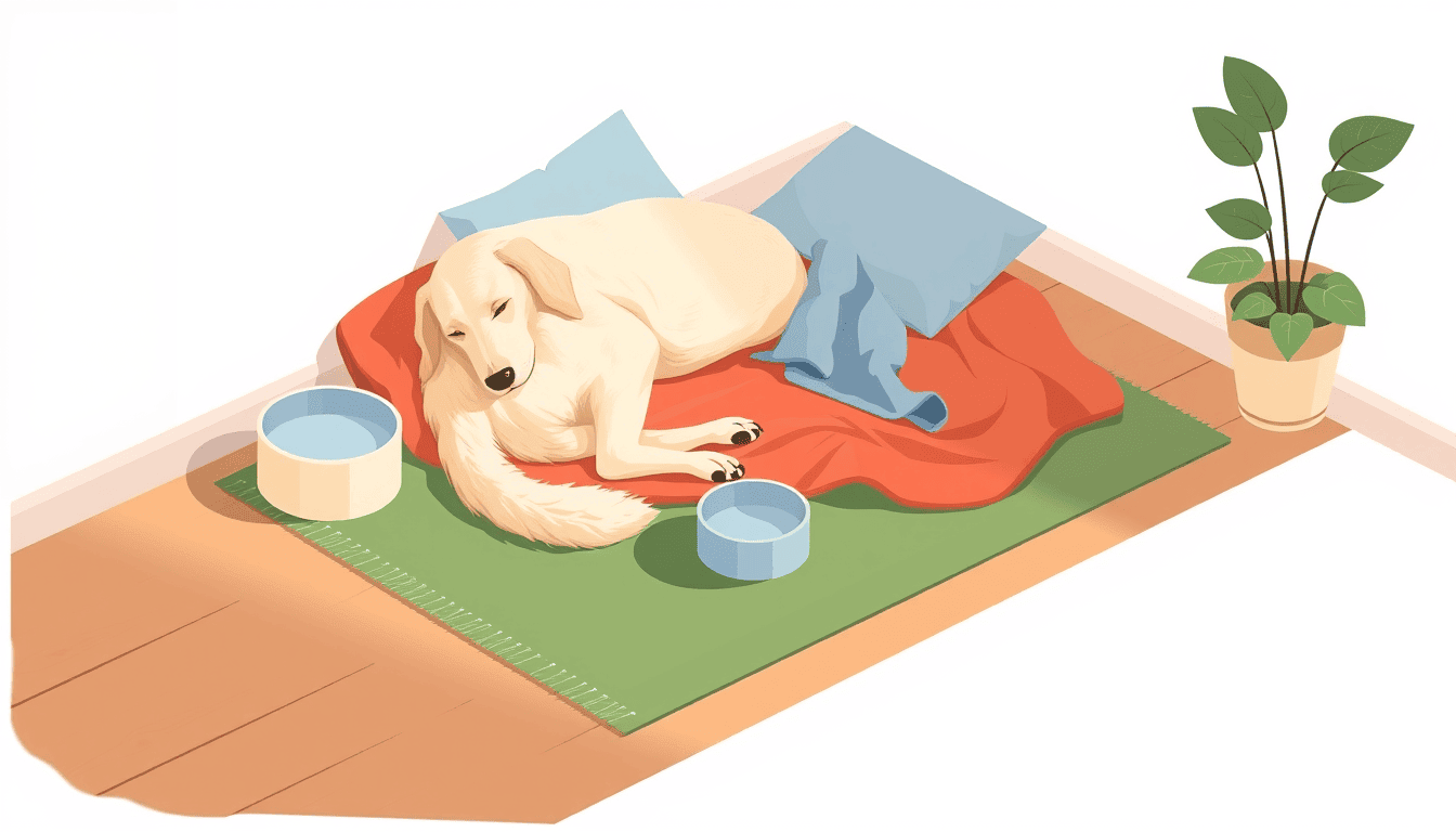 담요와 물그릇이 놓인 거실 매트에서 쉬고 있는 강아지 인포그래픽