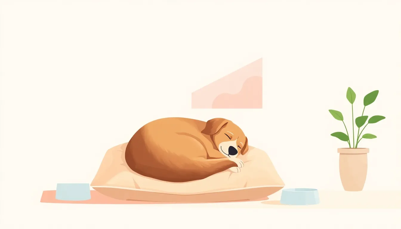 물그릇 두 개 사이의 쿠션 위에서 몸을 웅크리고 잠든 강아지와 화분이 있는 실내 일러스트