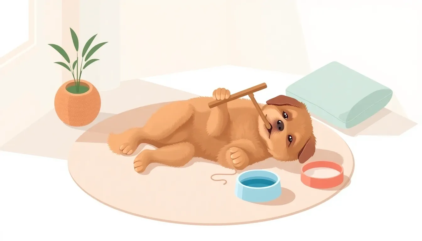 러그 위에 옆으로 누워 앞발로 막대형 씹을거리를 잡고 씹는 강아지와 물그릇을 그린 일러스트