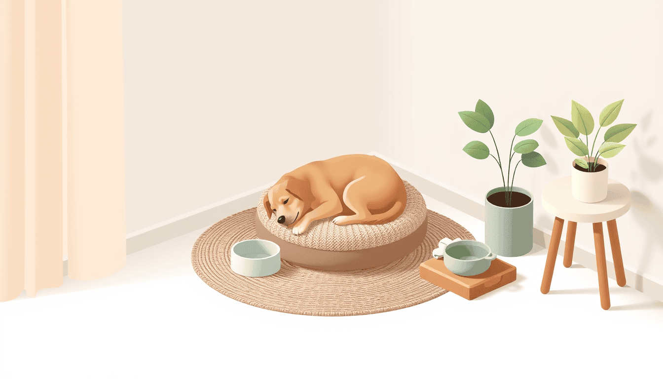 실내 러그 위 담요에 몸을 웅크린 강아지와 물그릇·쿠션이 놓인 조용한 거실 장면 일러스트