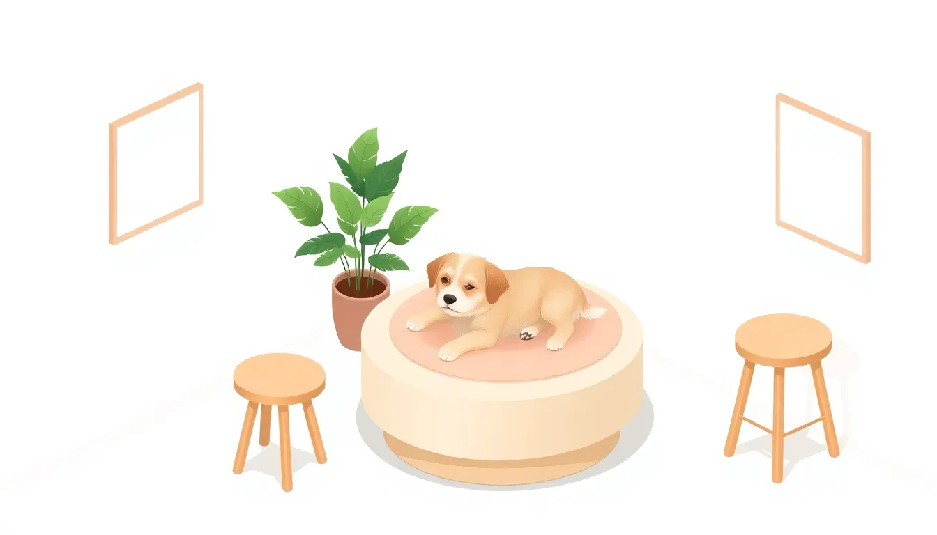 둥근 쿠션 받침 위에 편하게 엎드린 소형견과 화분, 나무 스툴 두 개가 있는 아이소메트릭 일러스트