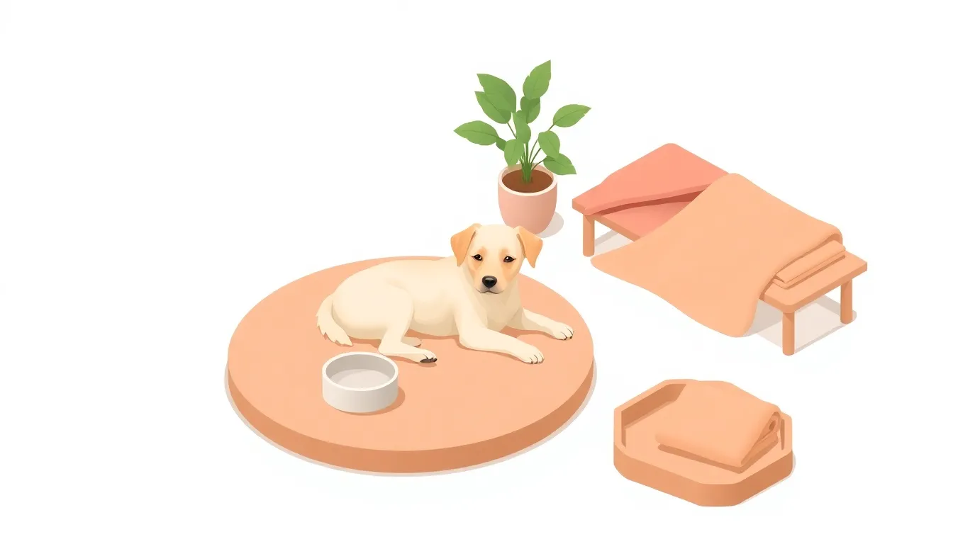 둥근 방석 위에 엎드린 강아지와 물그릇, 접은 담요와 화분이 놓인 거실을 그린 차분한 톤의 아이소메트릭 일러스트