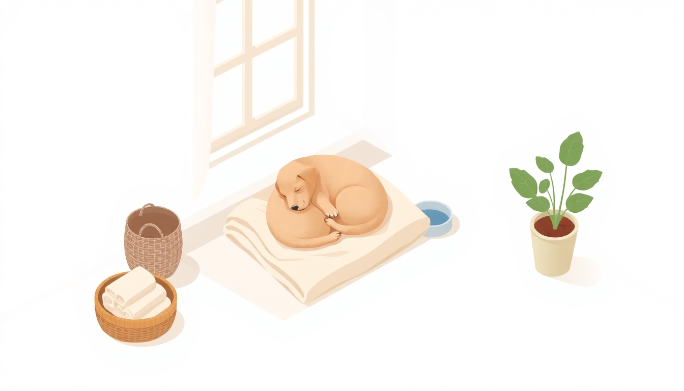 거실 담요 위에 웅크리고 누운 작은 강아지와 물그릇이 놓인 차분한 톤의 일러스트