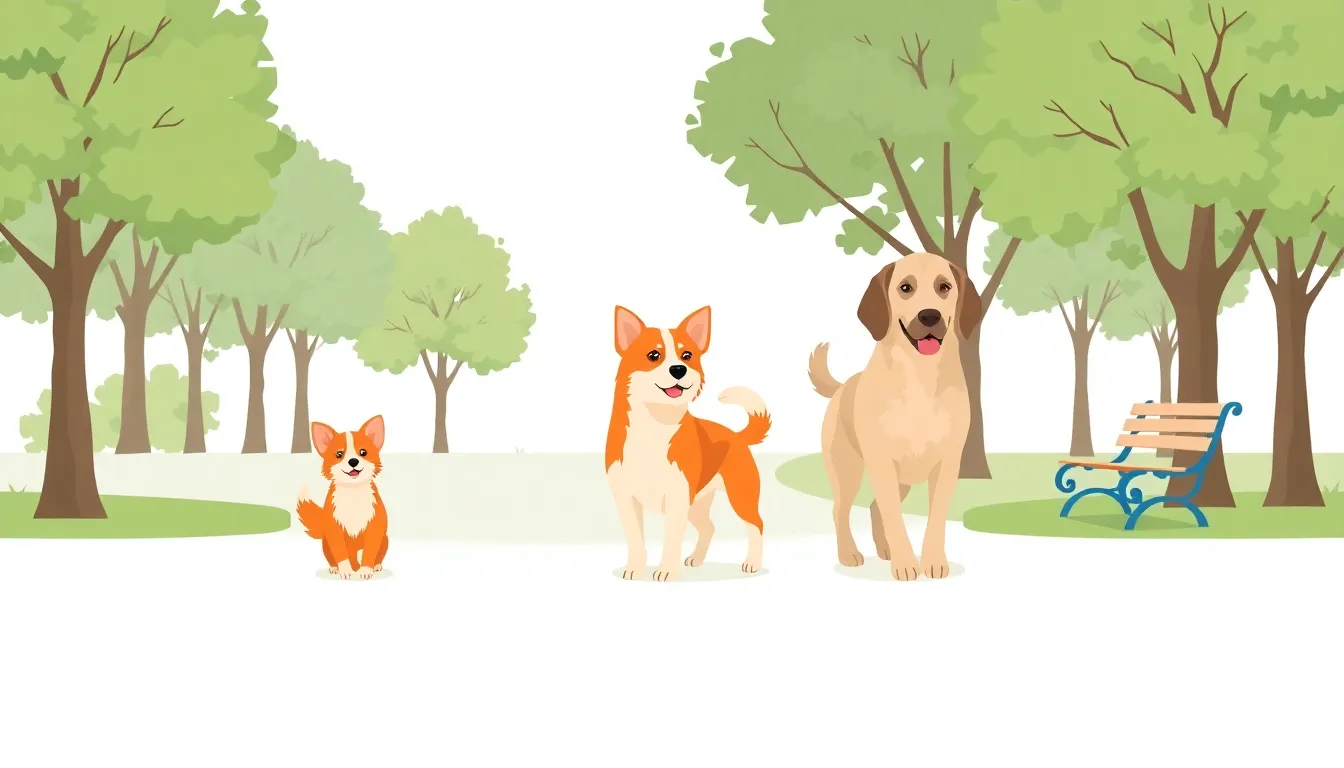 공원 산책로 위를 걷는 소형견·중형견·대형견 세 마리와 벤치·나무가 있는 강아지 산책 시간 일러스트
