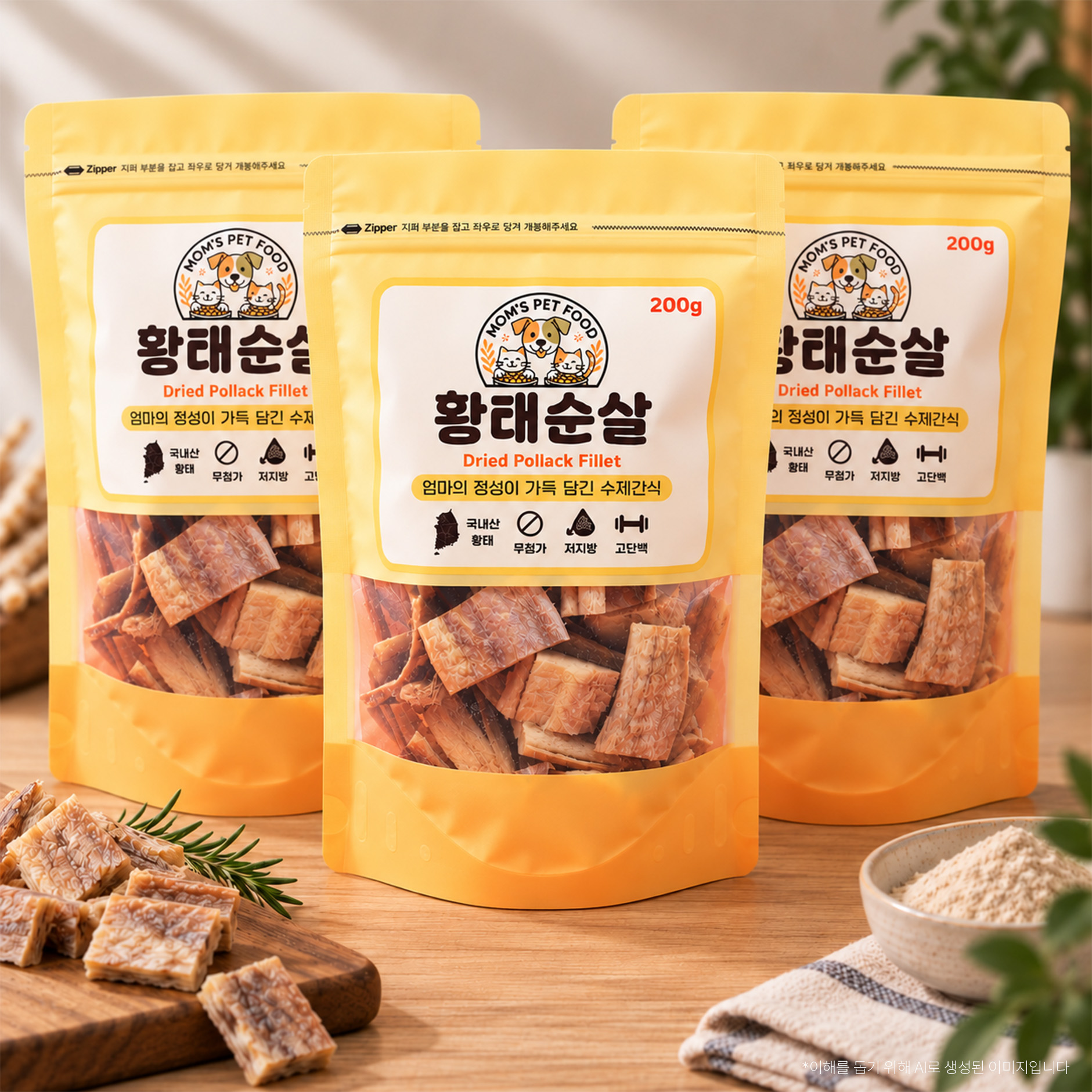 맘스펫푸드 강아지 황태간식 저염 수제간식 애견황태 북어간식 고양이겸용, 200g, 3개, 자연의 맛 황태순살 - 35,640원