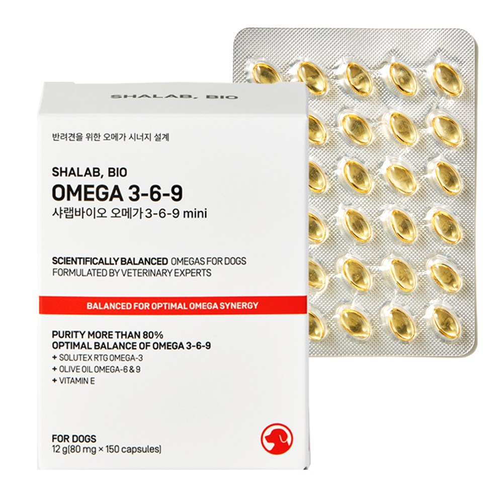 샤랩바이오 강아지 고양이 오메가3 6 9 영양제 피부 항산화 심장 혈관 면역 미니 80mg, 1개, 오메가 지방산, 150정 - 33,400원